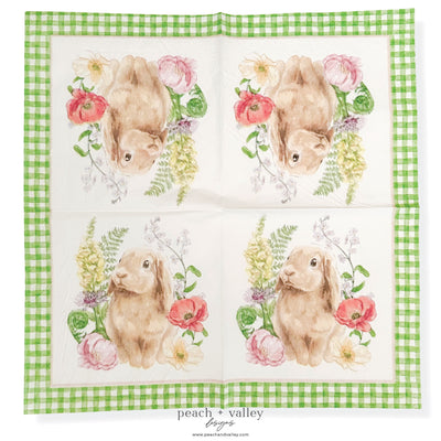 Green Check Flower Bunny Cocktail Napkin