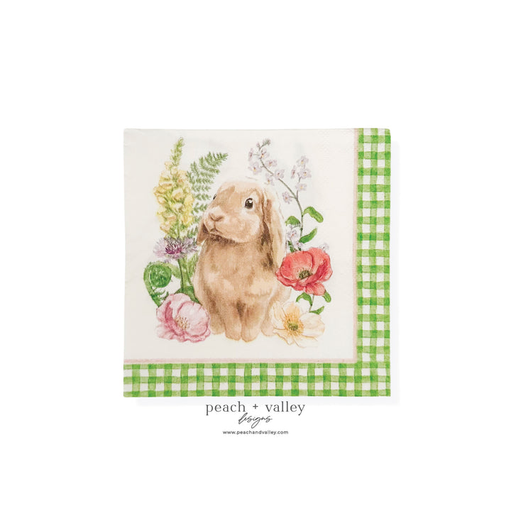 Green Check Flower Bunny Cocktail Napkin